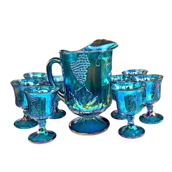 Vintage Indiana Glass Harvest Grape Blue Carnival Glass Pitcher & 8 Goblets - Picture 1 of 4